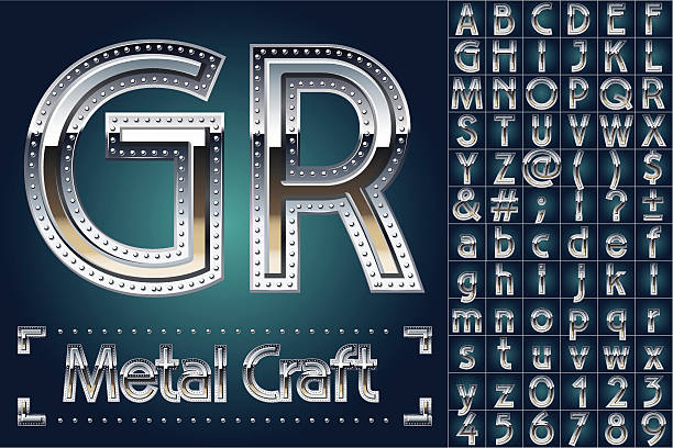 Vector set of metal aluminum alphabet with riveted border Scalable vector set of letters, numbers and symbols in artdeco style for digital artwork and typography alphabet borders stock illustrations