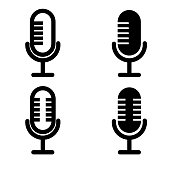 Vector set of mic, podcast, microphone icons isolated on white