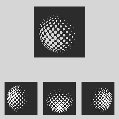 vector set of minimalism shapes half tone Monochrome spheres logo isolated on black background