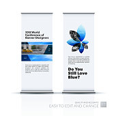 Vector set of modern roll Up Banner stand design with blue rectangles and diagonals for business, building, consulting. Brochure and presentation for exhibition, show, fair.