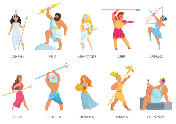 Vector set of Olympian pantheon. Greek gods and goddesses cartoon style Vector set of Olympian Greek gods. Zeus, Neptune, Aphrodite and others ares god of war stock illustrations
