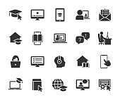 Vector set of online education flat icons. Contains icons remote learning, video lesson, online course, homework, online test, webinar, audio course and more.