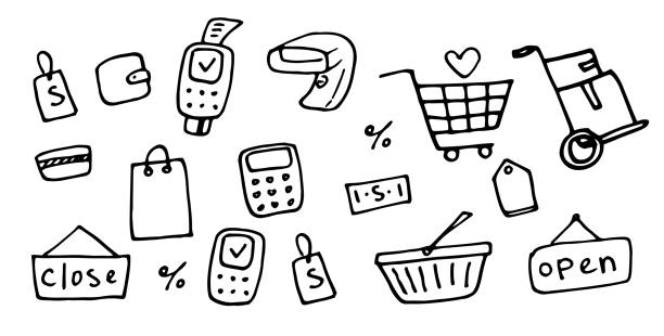 Vector set of online shopping. doodle-style isolated trading elements shopping cart, ATM, credit card, wallet, interest black line on white background for design template Online payment.Line art icon with doodle shopping stores. Doodle sketch style.Vector set of online shopping. doodle-style isolated trading elements shopping cart, ATM, credit card, wallet, interest black line on white background for design template store drawings stock illustrations