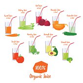 Vector set of organic vegetable juices with fresh vegetables next to glasses