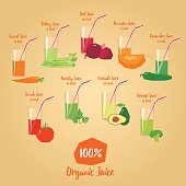 Vector set of organic vegetable juices with fresh vegetables next to glasses