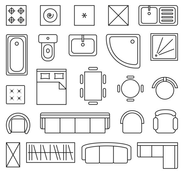 illustrations, cliparts, dessins animés et icônes de ensemble vectoriel d’icônes d’objets de plan d’étage de conception intérieure de contour - programmer machine à laver
