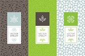 Vector set of packaging design templates, seamless patterns and frames with copy space for text for cosmetics, beauty products, organic and healthy food with green leaves and flowers - modern style ornaments and backgrounds
