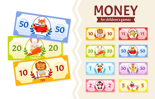 Vector set of paper money for children's games.