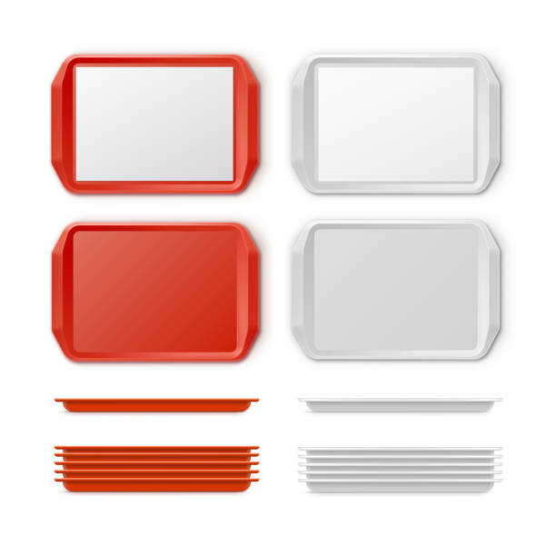 Vector Set of Plastic salver Vector Set of Rectangular Red White Plastic Tray salver with Handles Top View Isolated on Background tray stock illustrations
