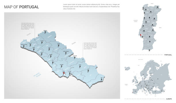 portekiz ülkesinin vektör seti.  izometrik 3d harita, portekiz haritası, avrupa haritası - bölge, eyalet adları ve şehir adları ile. - portugal stock illustrations