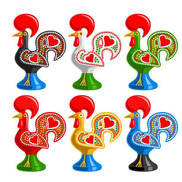 Vector set of Portuguese Roosters Vector set of Portuguese Roosters, traditional symbol of Portugal - rooster galo de barcelos, collection of 6 cut out portuguese kids toys on white background. barcelos stock illustrations