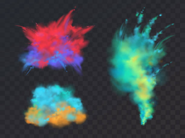 Vector set of powder explosions for Holi fest Vector realistic set of colorful powder clouds or explosions, isolated on transparent background. Abstract ink splashes, decorative vibrant paints for Holi fest, traditional spring indian holiday colored powder stock illustrations