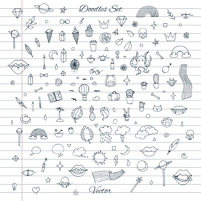 Vector set of random doodles with clouds, rainbows, lips, cats, cactus, plants and more.
