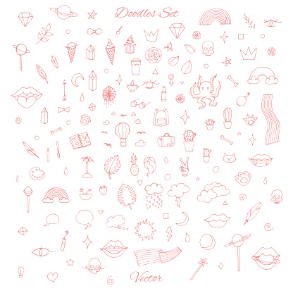 Vector set of random doodles with rainbows, lips, planets, skulls and more. Abstract line art