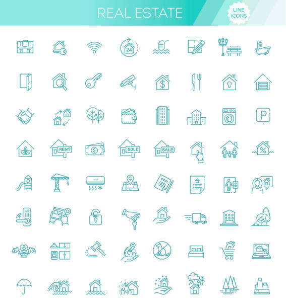 illustrations, cliparts, dessins animés et icônes de ensemble vectoriel d'immobiliers liés - immobilier