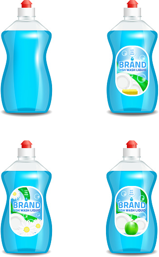 Vector set of realistic dishwashing liquid product icons isolated on background. Plastic bottle label design. Washing-up liquid or dishwashing soap brand advertising templates