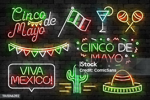 istock Vector set of realistic isolated neon sign of Cinco De Mayo symbol for template decoration and invitation covering on the wall background. Concept of Viva Mexico. 1141046392