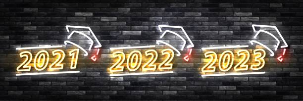 Vector set of realistic isolated neon sign of Graduation 2021, 2022 and 2023 logo on the wall background. Vector set of realistic isolated neon sign of Graduation 2021, 2022 and 2023 logo on the wall background. graduation drawings stock illustrations