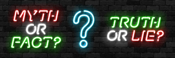 Vector set of realistic isolated neon sign of Myth or Fact, Truth or Lie and Question Mark logo for template decoration on the wall background. Concept of quiz and mystery.  mythology stock illustrations