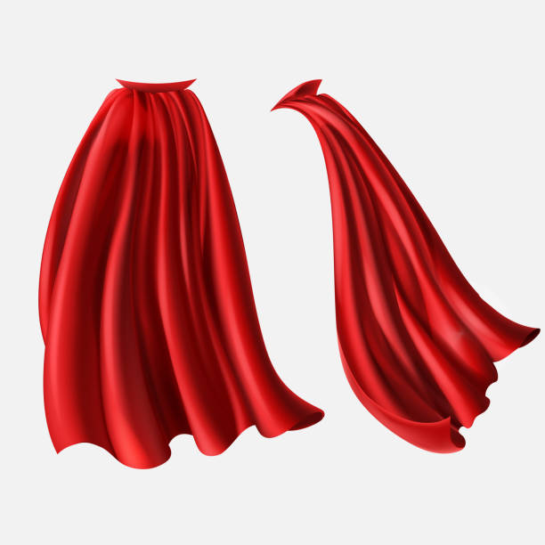 Vector set of red cloaks, flowing silk fabrics Vector realistic set of red cloaks, flowing silk fabrics isolated on white background. Satin wavy materials, drapery. Carnival clothes, decorative costume for superhero, vampire, cape for illusionist cape stock illustrations