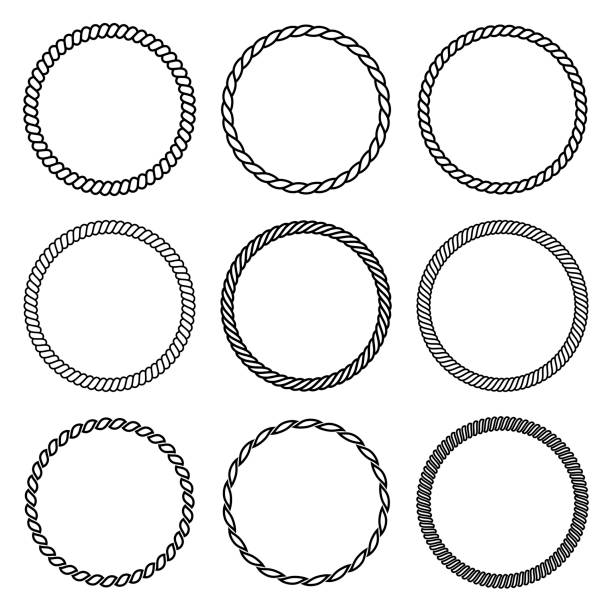 Vector set of round rope frame in marine style. Collection of thick and thin circles isolated on the white background consisting of braided cord and string Vector set of round rope frame. Collection of thick and thin circles isolated on the white background consisting of braided cord and string. For decoration and design in marine style rope stock illustrations