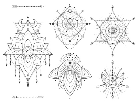 Vector set of Sacred geometric and natural symbols on white background. Abstract mystic signs collection.