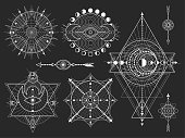 Vector set of Sacred geometric symbols and figures on black background. Abstract mystic signs collection. White linear shapes. For you design: tattoo, posters, t-shirts, textiles.