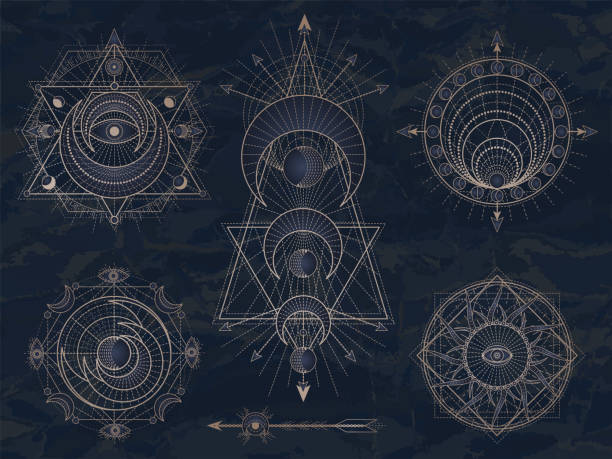 Vector set of Sacred symbols with moon, eye, sun and geometric figures on dark vintage background. Abstract mystic signs collection. Vector set of Sacred symbols with moon, eye, sun and geometric figures on dark vintage background. Abstract mystic signs collection drawn in lines. Image in blue color. paranormal stock illustrations