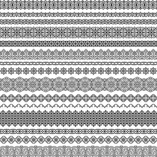 Vector set of seamless brushes in oriental motifs. Brushes included in file Vector set of fancy seamless brushes in oriental motifs. For frames, boarders, braid, edging in the lush eastern style. Traditional patterns for design of greeting cards, wedding invitations, textiles arabesque position stock illustrations