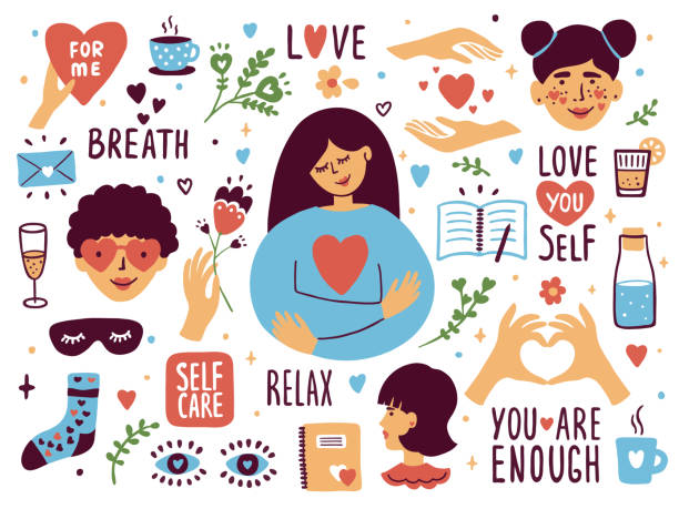 ilustrações, clipart, desenhos animados e ícones de conjunto vetorial de ícones de autocuidado com ilustrações fofas sobre o amor a si mesmo - cuidado com o corpo