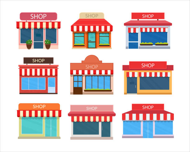 Vector set of shop buildings. Exteriors of store facades. Storefronts icons isolated on white background. vector art illustration