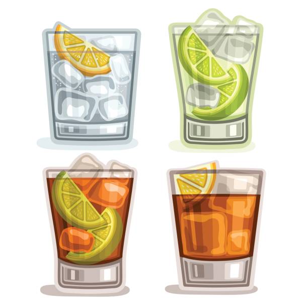 Vector set of short Drinks Vector set of short Drinks: 4 glasses with alcohol cocktail gin tonic, caipirinha or mojito drink, cuba libre, old fashioned or long island iced tea cocktails, whiskey with ice cubes, fizzy lemonade. vodka soda stock illustrations