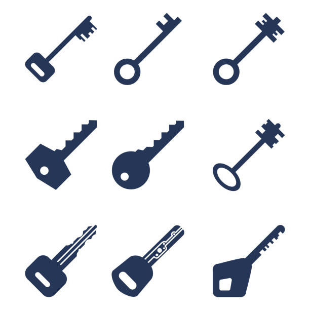 ilustraciones, imágenes clip art, dibujos animados e iconos de stock de conjunto vectorial de iconos de clave básica de silhouette. - llave objetos de seguridad