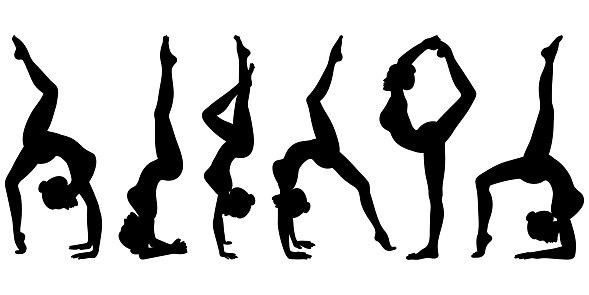 Set of silhouettes of woman doing yoga poses. Icons of girl stretching and relaxing her body in many complex yoga poses. Black shapes of woman isolated on white background. Vector illustration.