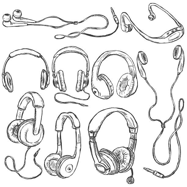 векторный набор эскиза наушники. - in ear headphones stock illustrations.
