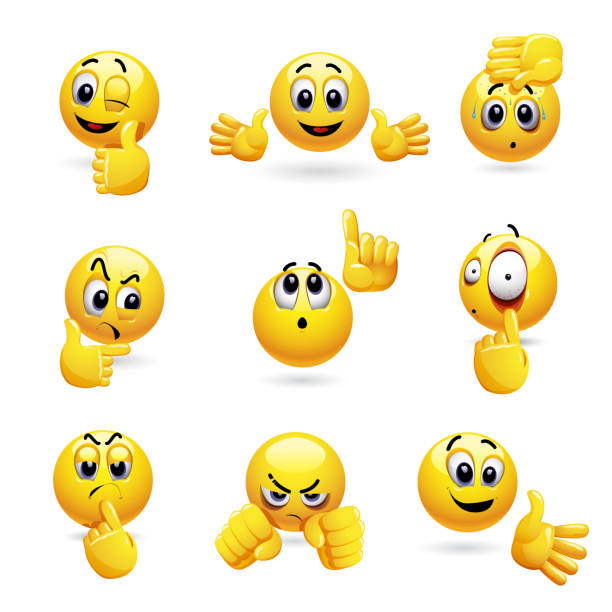 Vector set of smiling ball icons with different face expression. Set of emoticons gesturing with his hand. winking stock illustrations