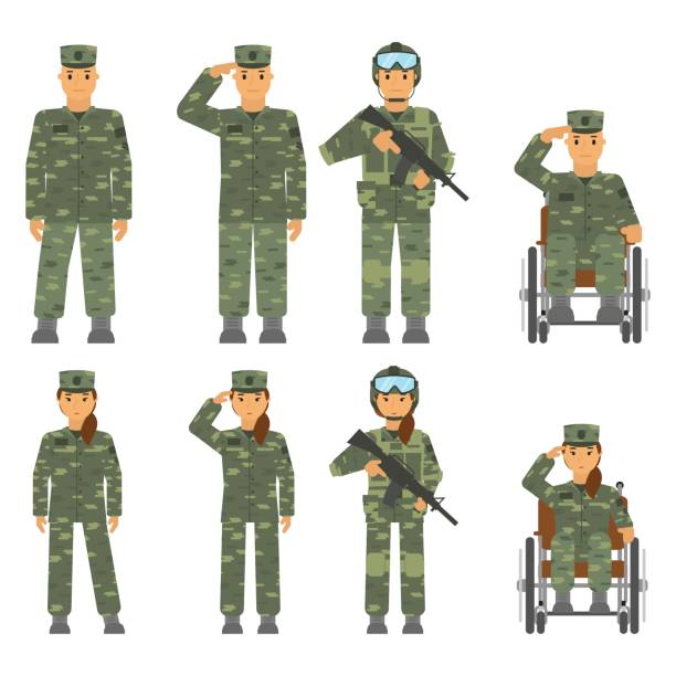 Vector set of soldier man, woman isolated on white background Vector set of soldier man and woman isolated on white background. Saluted soldier, warrior with weapon, soldier in armchair, soldier an attention. military clipart stock illustrations