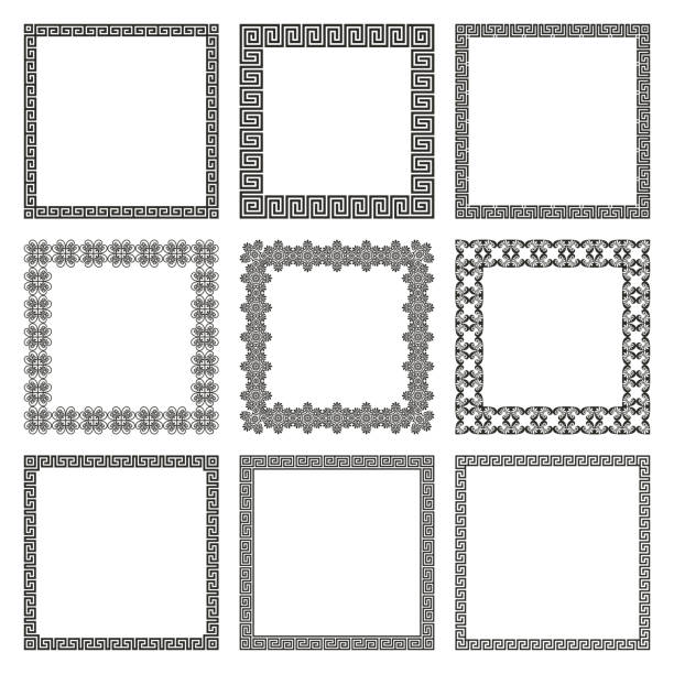 Vector set of square frames with geometric antique traditional Greek ornament 1 Vector set of square frames with geometric antique traditional Greek ornament. A collection of elegant linear borders. Pattern for social media design, poster, invitation, web banner, greeting card maze borders stock illustrations