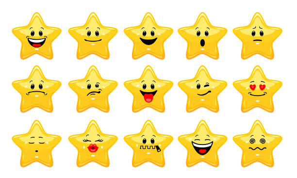 Vector set of star emoticons Collection of yellow stars with different emotions in cartoon style on white background cartoon star stock illustrations