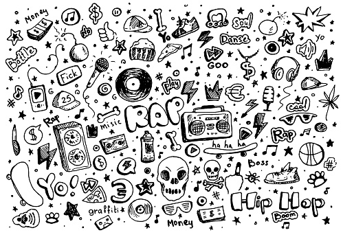 Cartoon set with black doodle set dancing streets. Doodle sketch style. Cartoon style. Hand drawing. Hand drawn style. Vector set. Vector graphic.Vector set of street dance and teen music. isolated elements drawn in the doodle style with a black line on a white background for the design template microphone, vinyl record, tape recorder, skateboard, music player