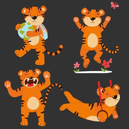 Vector set of tiger cubs in style in different poses. Tigers are painted with bright colors.