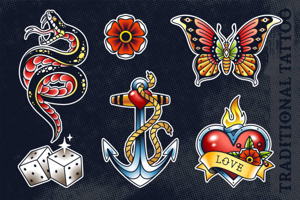 Vector Set of Traditional Tattoo Arts Set of most popular old school tattoo illustrations: snake, flower, butterfly, dice, anchor and heart with flame. All elements grouped and isolated on dark background. EPS10 vector illustrations. snakes tattoos stock illustrations
