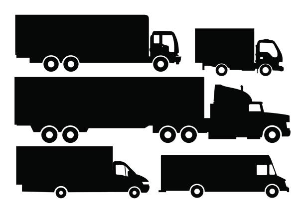 Vector set of trucks and trailers black and white color. Vector set of trucks and trailers black and white isolated white background. Trucks and semi-trucks. Vector illustration. Flat illustration icons. semi truck side view stock illustrations