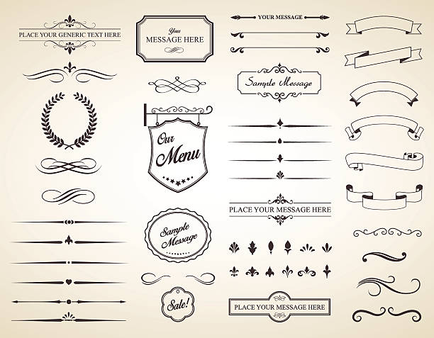 Vector Set of Vintage Calligraphic Elements This image is a vector set that contains calligraphic elements, borders, page dividers, page decoration and ornaments. No mesh or transparencies. EPS 10 vector file. division stock illustrations