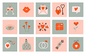 Vector set of vintage romantic icons for Valentine's Day, wedding, love theme, social media. Trendy hand drawn design in flat style
