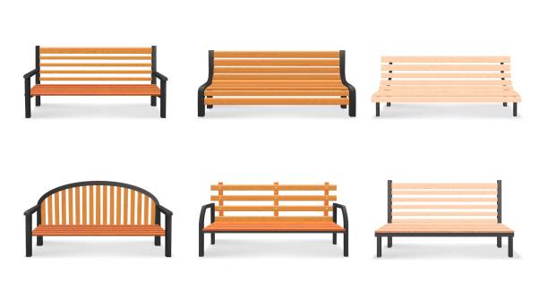 Vector set of wooden bench 3d models isolated on white background. Bench in a park illustration Vector set of wooden bench 3d models isolated on white background. Bench in a park illustration. park bench stock illustrations