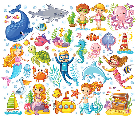 Vector set on a sea theme in a children's style.