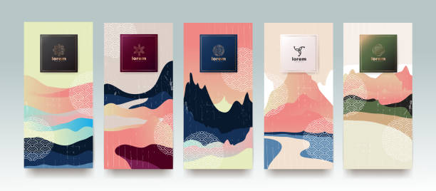 Vector set packaging templates japanese of nature luxury or premium products.logo design with trendy linear style.voucher, flyer, brochure.Menu book cover japan style vector illustration.  japanese culture stock illustrations