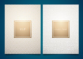 Vector set white packaging templates with different golden linear geometric pattern texture for luxury product. Trendy design for symbol