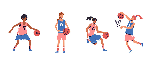 Vector set with beautiful women who go in for sports, play basketball. Girls, White background.